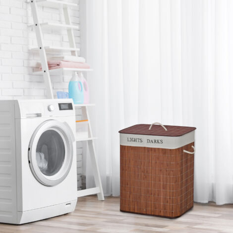HOMCOM Cesto para Ropa Sucia de Bambú Capacidad de 100L Cesta para la Colada Rectangular con Tapa Extraíble Bolsa de 2 Compartimentos 52x32x63 cm Marrón
