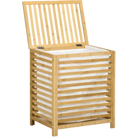 HOMCOM Cesto Portabiancheria a Doghe, Cesto per Biancheria Sporca, in Bambù e Poliestere, Coperchio e Sacca Rimovibile, Bagno e Camera da Letto, 50x36x60 cm, Color Legno