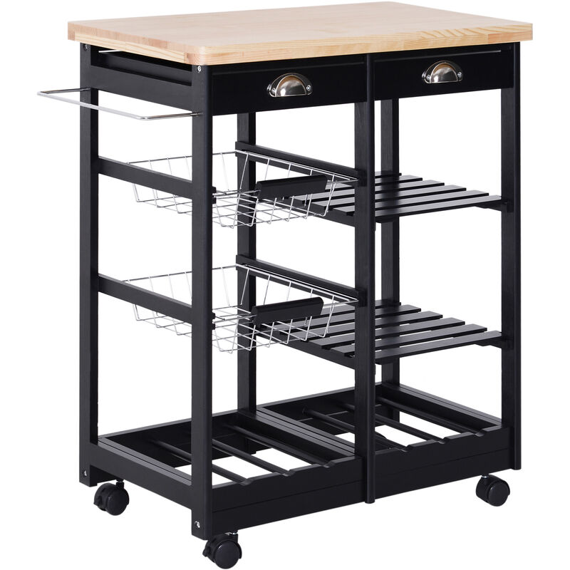 Homcom - Chariot de service desserte de cuisine à roulettes multi-rangements 74L x 37l x 76H cm plateau bois massif pin châssis MDF noir