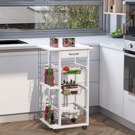 HOMCOM Chariot de service desserte de cuisine à roulettes multi-rangements 3 paniers métal tiroir + 2 range-bouteilles bois pin blanc