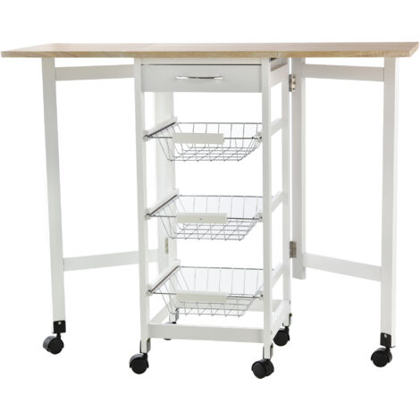 HOMCOM Chariot de service desserte de cuisine à roulettes multi-rangements 3 paniers métal + tiroir + rallonges MDF blanc chêne clair