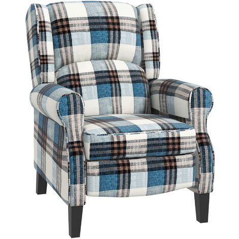 main image of "HOMCOM Checked Manual Recliner Armchair Metal Wood Frame Padded Blue White"