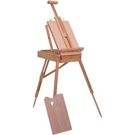 HOMCOM Chevalet d'artiste sur pieds pliable mallette de peinture chevalet avec rangement hauteur réglable bois de hêtre clair - Marron