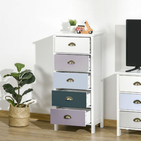 HOMCOM Chiffonnier commode meuble de rangement 5 tiroirs multicolores avec poignée métal coquille MDF - dim. 45L x 30l x 95.4H cm