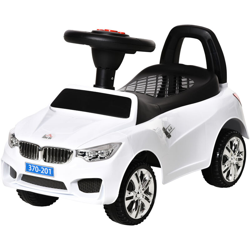 

Homcom - Coche Correpasillos para Niños de 18-36 Meses con Faros Música Bocina Volante Espacio de Almacenaje y Asa para Empujar 63,5x28x36 cm - Blanco