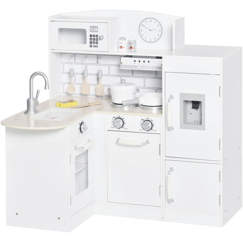

Homcom - Cocina Juguete de Madera para Niños +3 Años Cocinita Infantil con Dispensador Microondas Fregadero Refrigerador Campana y 14 Accesorios