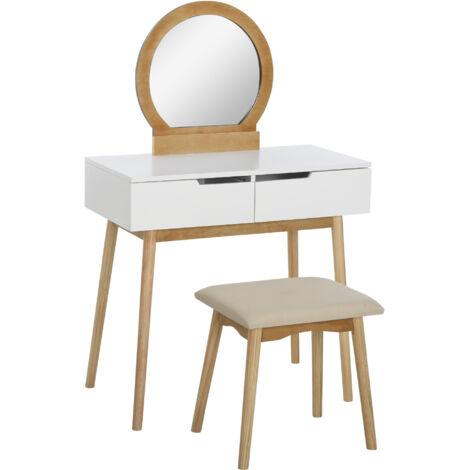 HOMCOM Coiffeuse Design scandinave Table de Maquillage avec Miroir, 2 tiroirs et Tabouret Blanc pin Clair