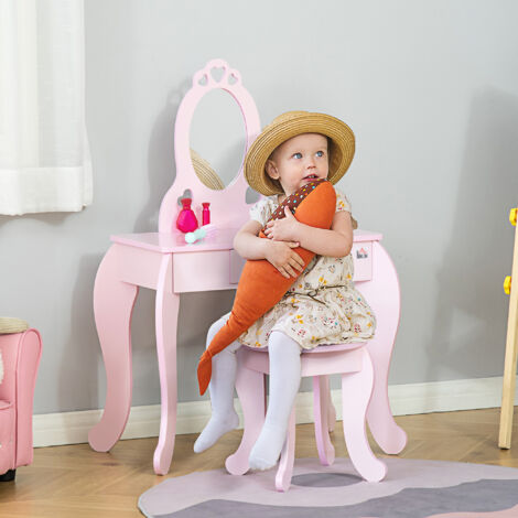 HOMCOM Coiffeuse Enfant Design Girly avec Motifs à Coeur - Tabouret Inclus - dim. 60L x 36l x 88H cm - tiroir. Miroir - MDF - Rose