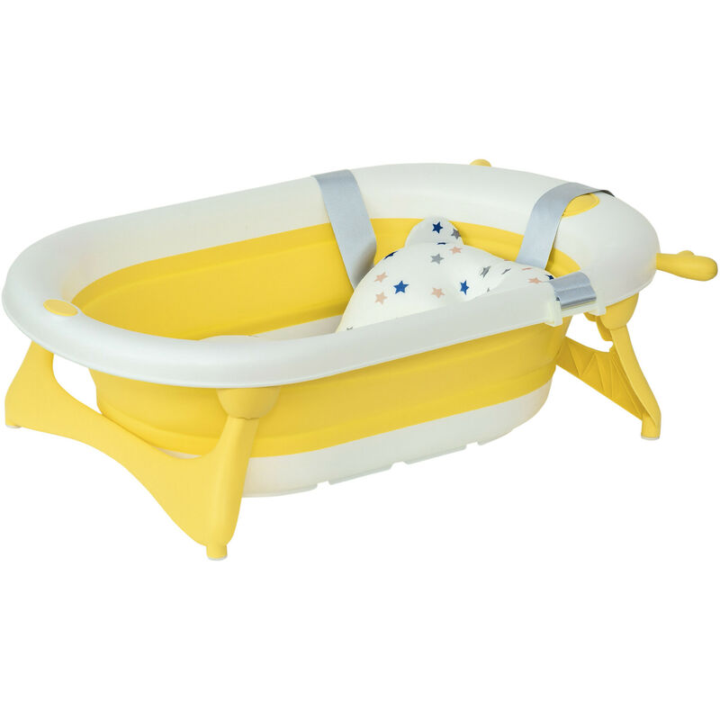 Collapsible Baby Bath Tub Foldable Ergonomic w/ Cushion for 0-3 Years Yellow - Homcom