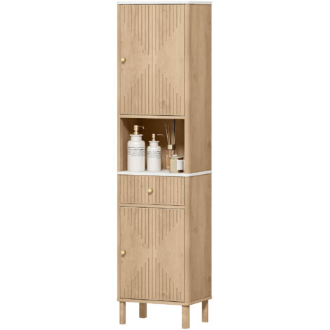 HOMCOM Colonna Bagno con 2 Armadietti, Cassetto e Ripiani Regolabili Rovere
