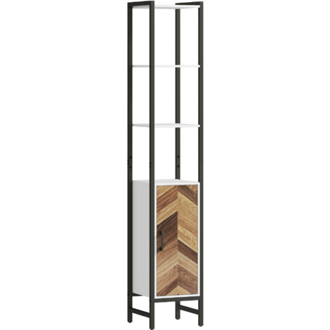 HOMCOM columna de baño armario alto de baño con 3 estantes abiertos 1 puerta y estante ajustable sistema anti-vuelco 30x30x170 cm blanco y nogal