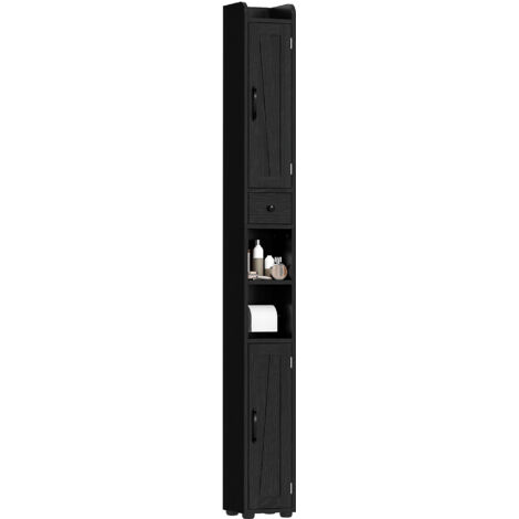 HOMCOM columna de baño mueble de baño con 2 puertas compartimento abierto estantes ajustables y portarrollos 20x20x185 cm negro