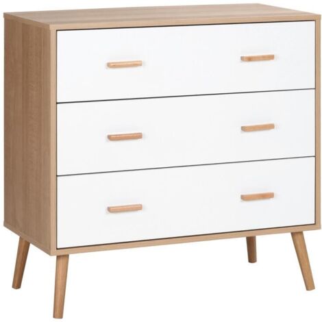 HOMCOM Commode Design scandinave sur Pieds 3 tiroirs coulissants Pieds effilés inclinés Panneaux Particules Blanc Aspect Bois Clair