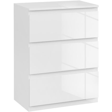 HOMCOM cómoda con 3 cajones cómoda de dormitorio moderno con diseño anti-vuelco cajonera para salón pasillo 55x34x75 cm blanco brillo