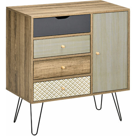HOMCOM cómoda con 4 cajones cajonera de madera con puerta estante ajustable y patas de metal para salón dormitorio cocina 79x39x86 cm marrón