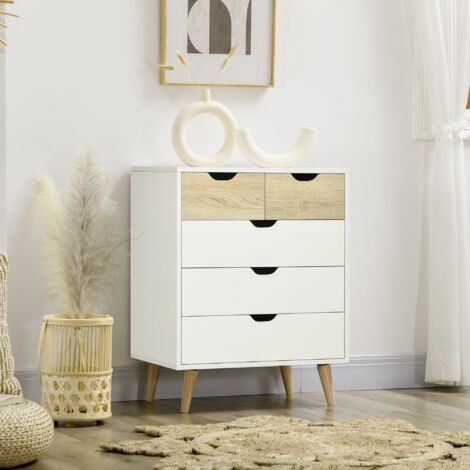 HOMCOM Cómoda con 5 Cajones Cajonera para Dormitorio Salón Estudio Estilo Moderno 60x40x77,5 cm Natural y Blanco