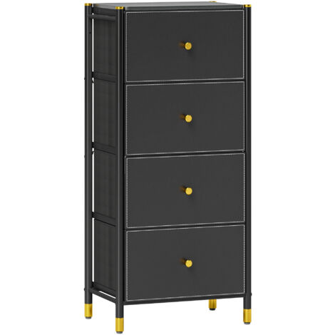 HOMCOM cómoda para dormitorio cajonera de tela con 4 cajones plegables con frentes de PU y marco de acero cajonera para dormitorio salón negro