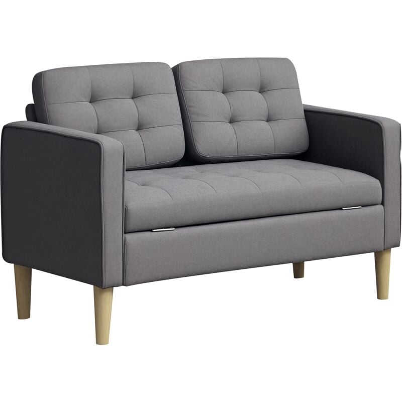 Compact Loveseat Sofa 2 Seater Sofa with Storage and Wood Legs Grey - Homcom