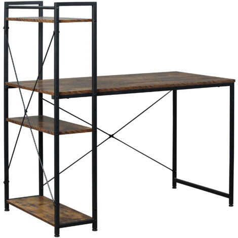 HOMCOM Computer Desk Laptop Table w/4-tier Bookshelf  Metal Frame Rustic Brown