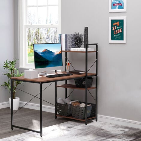 HOMCOM Computer Desk Laptop Table w/4-tier Bookshelf  Metal Frame Walnut brown