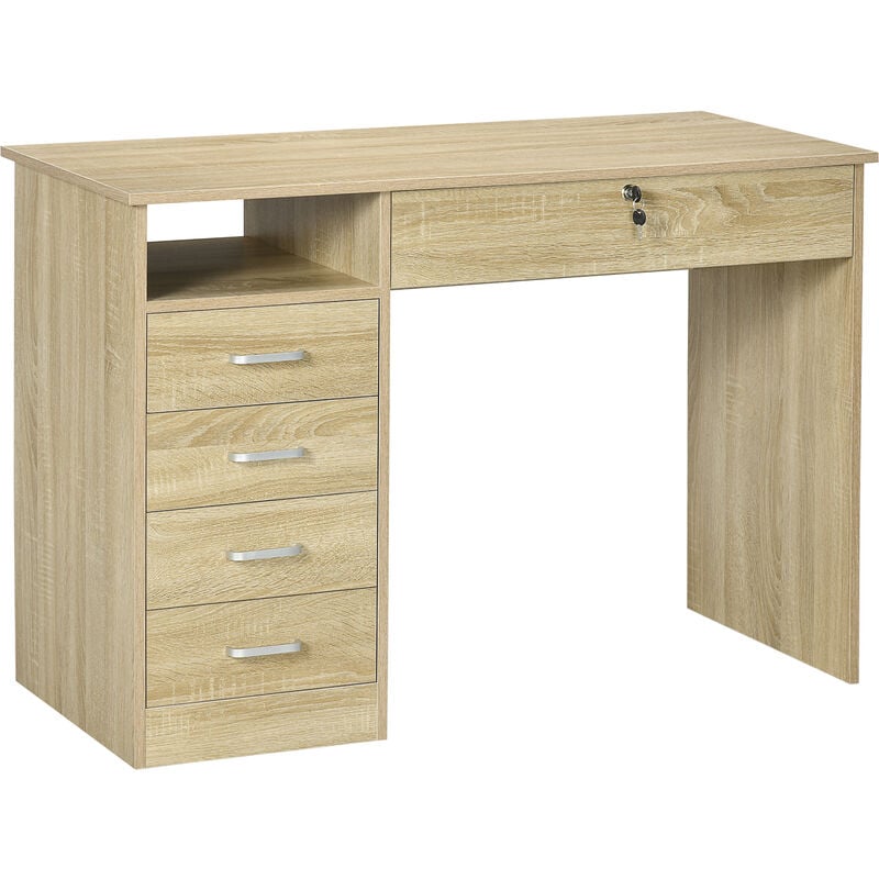 Homcom Computer Desk Writing Desk With Five Drawers For Home Office Oak