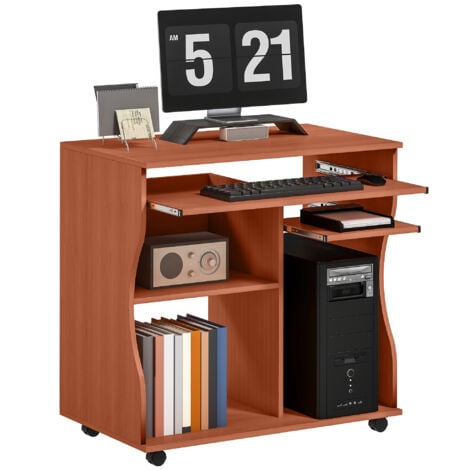 HOMCOM Computer Table Study Desk with Sliding Keyboard Tray, Cherry Wood