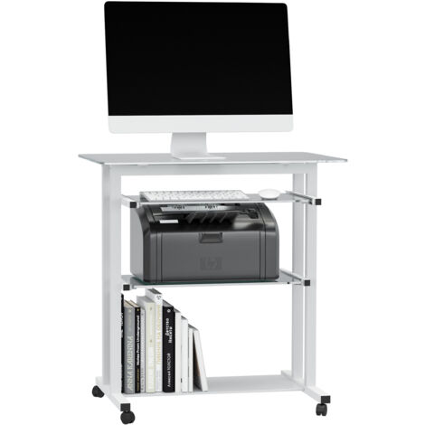 HOMCOM Computer Workstation Laptop PC Desk Glass Writing Table Stand w/ Wheels White