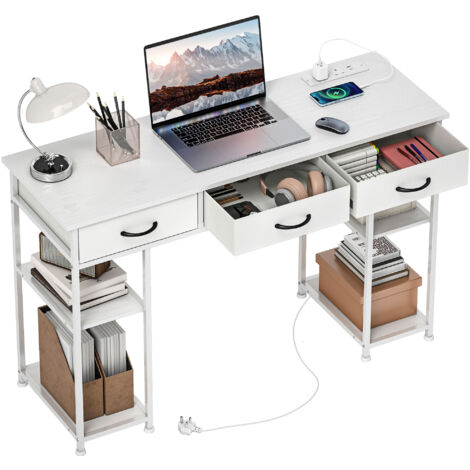 HOMCOM Computer Writing Desk with Power Outlets, Drawers, Shelves, White