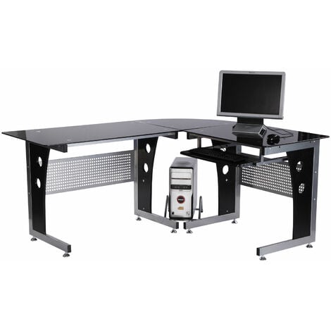 HOMCOM Computertisch Eckschreibtisch Schreibtisch Bürotisch PC Tisch mit schwarzem Sicherheitsglas L-förmig 164x139x75 cm - Schwarz