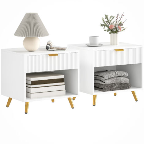 HOMCOM conjunto de 2 mesitas de noche modernas mesilla de noche con cajón panel acanalado y compartimento abierto 50x40x47 cm blanco
