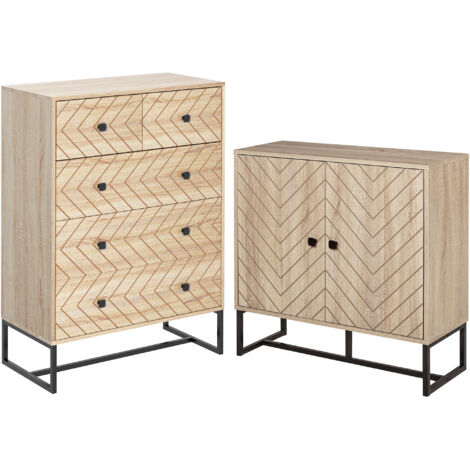 HOMCOM conjunto de armarios incluye 1 cajonera de 5 cajones y 1 aparador con 2 puertas y estantes para salón dormitorio estilo moderno natural