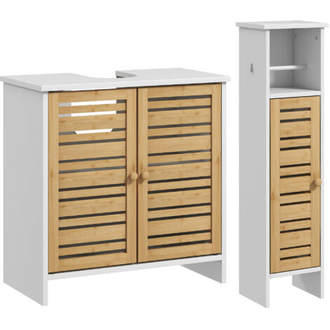 HOMCOM conjunto de baño incluye 1 mueble bajo lavabo 1 columna de baño estrecha con puertas de bambú portarrollos de papel blanco y natural