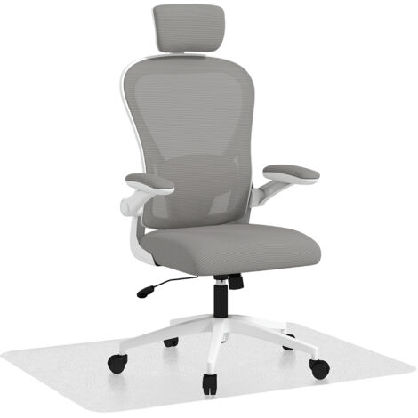 HOMCOM conjunto de oficina incluye 1 silla de oficina de malla con reposacabezas y soporte lumbar ajustables gris y 1 alfombra protectora 90x120 cm