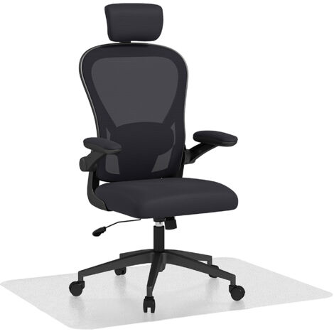 HOMCOM conjunto de oficina incluye 1 silla de oficina de malla con reposacabezas y soporte lumbar ajustables negro y 1 alfombra protectora 90x120 cm