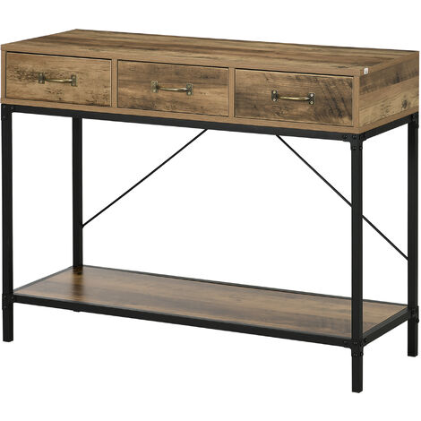Homcom – Console table d'appoint industrielle 3 tiroirs – Acier noir et panneaux de particules aspect bois vieilli – Dimensions 100x35x76,5 cm