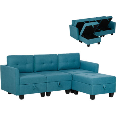 HOMCOM Convertible Modular Sectional Sofa w/ Storage Wood Frame Light Blue