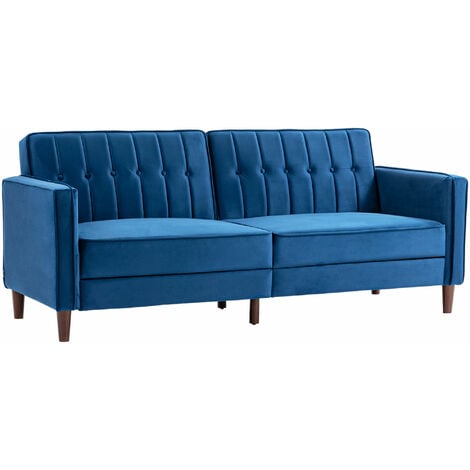 HOMCOM Convertible Sofa Futon Velvet-Touch Tufted Couch Sofa Bed Split Back Blue