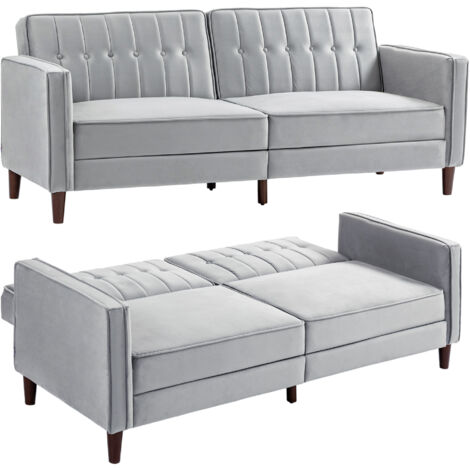 HOMCOM Convertible Sofa Futon Velvet-Touch Tufted Couch Sofa Bed Split Back Light Grey