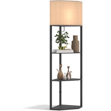 HOMCOM Corner Modern Floor Lamp with Shelves for Living Room, Bedroom, Black