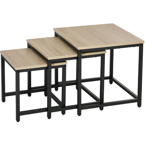 HOMCOM Couchtisch 3er-Set Beistelltisch, Satztisch mit Stahlrahmen, Sofatisch im Industriedesign, Kaffeetisch, Wohnzimmertisch mit Holzoptik, Natur