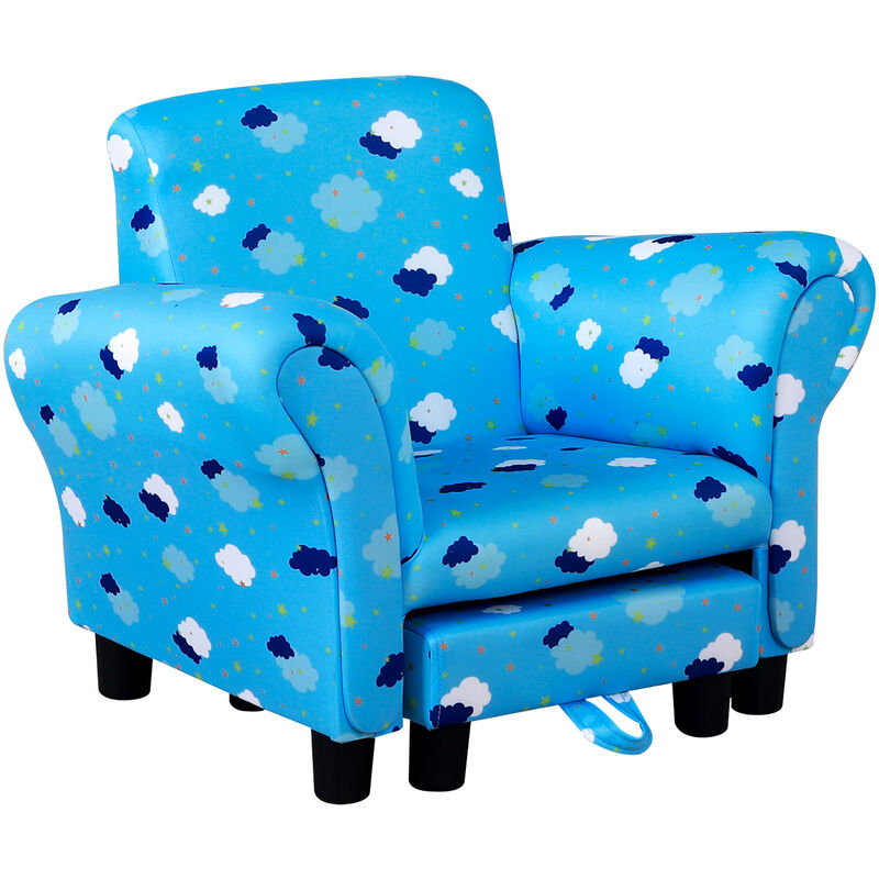 Cute Cloud Star Child Armchair Seat Wood Frame w/ Footrest Padding Blue - Blue - Homcom
