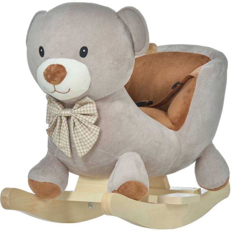 Kids Rocking Bear Plush Ride On Seat w/ Sound Button Wood Base Seat Belt - Homcom