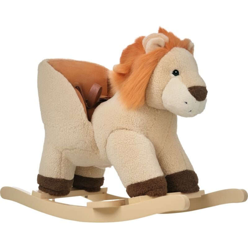 Homcom - Kids Rocking Lion Plush Ride On Seat w/ Sound Button Wood Base Seat Belt