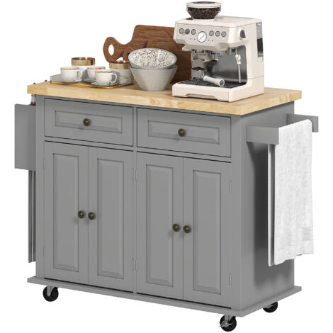 HOMCOM Desserte cuisine avec 2 tiroirs, 2 placards, 2 portes, étagère réglable, range-bouteille et porte-torchons, MDF gris hévéa