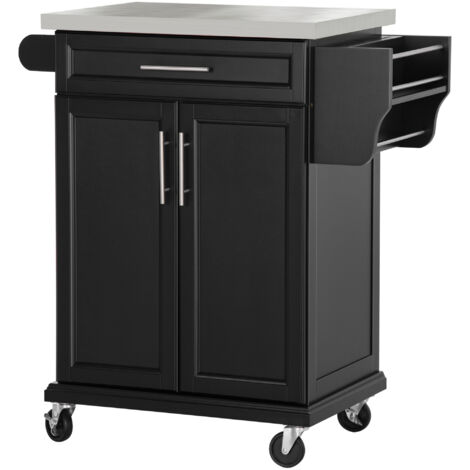 Homcom – Desserte de cuisine à roulettes – Placard 2 portes, étagères, range couverts – Plateau acier inox et bois noir – Dimensions 83,5x45,7x90,5 cm