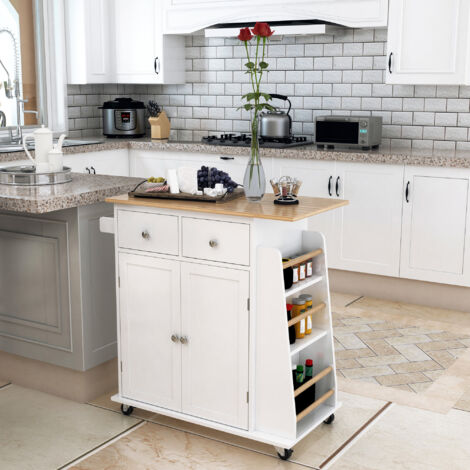 HOMCOM Desserte de cuisine ilôt cuisine avec plan de travail étagère range-bouteilles porte-torchons 2 tiroirs placard 2 portes MDF blanc hévéa