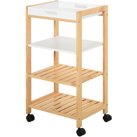 Homcom – Desserte de cuisine sur roulettes 3 étagères – Plateau amovible bois de pin – Dimensions 40L x 30l x 76H cm – Charge max 30 kg