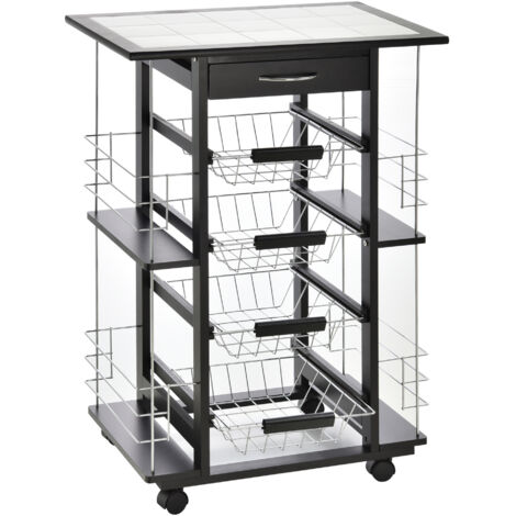 Homcom – Desserte de cuisine sur roulettes 57L x 37l x 83H cm – 4 paniers métal, tiroir, 4 range-bouteilles bois pin noir, plateau carrelé blanc