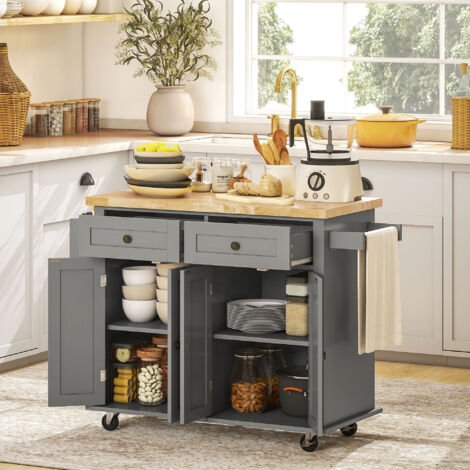 HOMCOM Desserte ilôt de cuisine multi rangements 2 tiroirs 2 placard 2 portes avec étagère range-bouteille porte-torchons et étagère réglable MDF gris hévéa