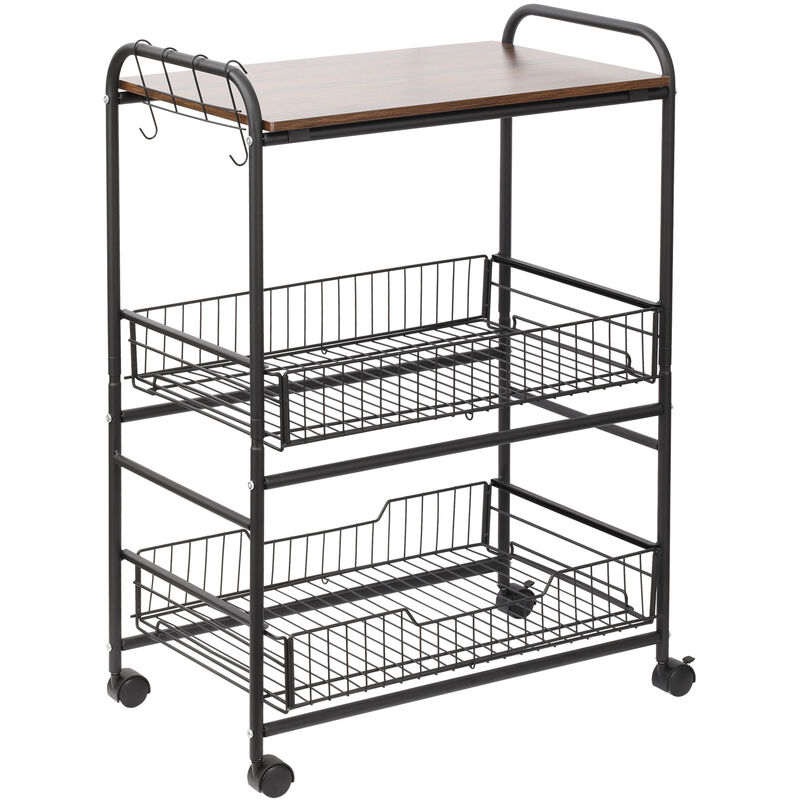 Homcom - Desserte néo-rétro style industriel 2 paniers coulissants - métal noir plateau aspect bois de noyer